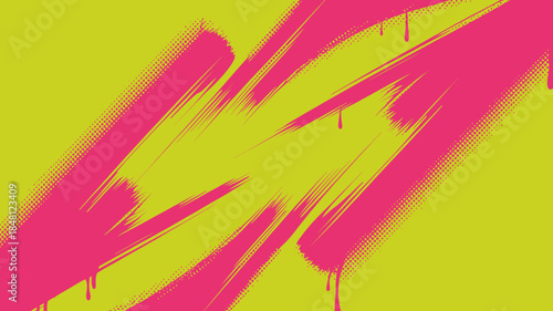 Vibrant Pink Brush Strokes on Yellow Background with Halftone Effects