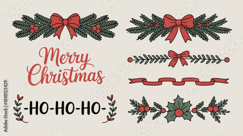 Christmas Decorations and Greetings with Ribbons, Bows, and Holly