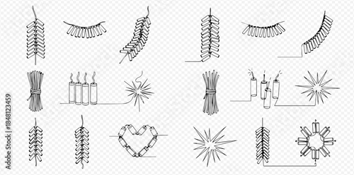 Set of firecrackers in various shapes and forms, hand-drawn continuous line art illustrations on transparent background.