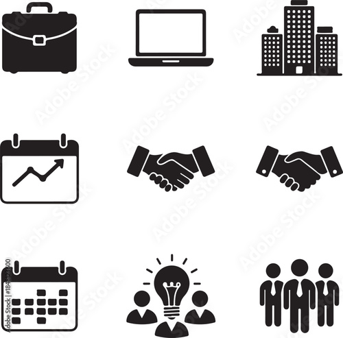 Business Icons Set with Briefcase Laptop Skyscrapers and Meetings