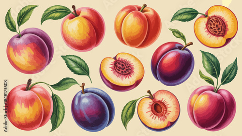 Fresh peaches and plums with leaves on a pale background, a colorful and vibrant fruit arrangement.