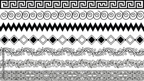 Collection of Decorative Black and White Border Patterns Including Greek Key Meander Swirls and Floral Ornaments Isolated on White Background for Design