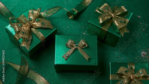 Elegant emerald green gift boxes adorned with shimmering golden bows and ribbons