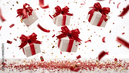 Falling white gift boxes adorned with vibrant red bows and festive confetti on a celebratory white background