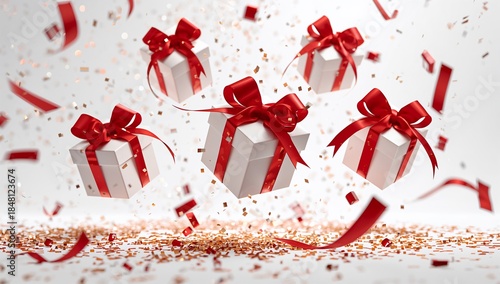 Festive white gift boxes with red ribbons and golden confetti falling on a light background