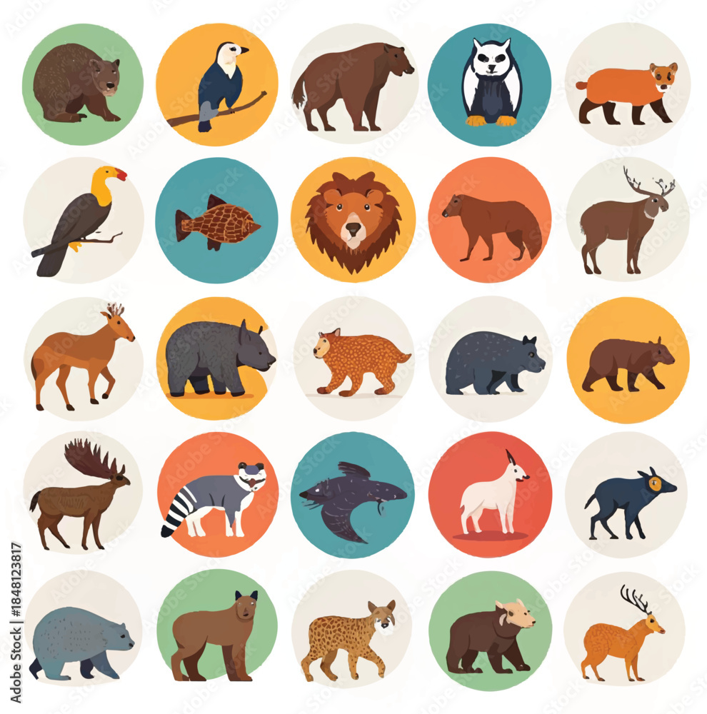 Fototapeta premium Collection of various endangered wild animals vector illustration 