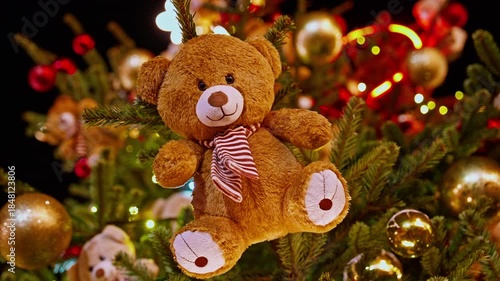 Wallpaper Mural Teddy bear ornament closeup. Teddy bear ornament on christmas tree. Christmas mood, Christmas tree is decorated toys outdoor Torontodigital.ca