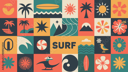 Vibrant Surfing Icons Collection: Tropical Symbols for Summer Fun