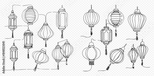 Set of hand-drawn Chinese and Japanese lanterns in various shapes and styles.