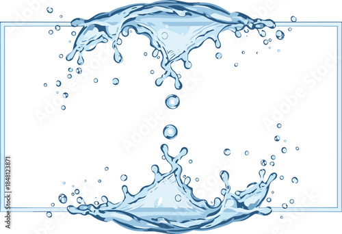 Fresh Blue Water Splash Border Frame with Droplets and Liquid Ripples Isolated on White Background for Clean Drinks and Skincare Design