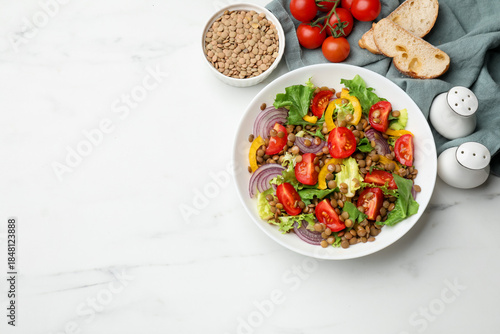 Wallpaper Mural Delicious lentil salad and ingredients on white marble table, flat lay. Space for text Torontodigital.ca