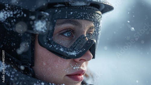 Focused woman in ski gear braving a snowy mountain environment with determination