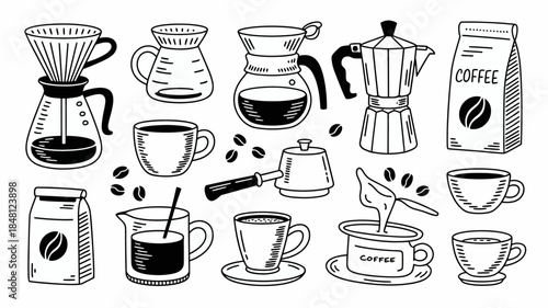 Coffee Essentials Illustration Set - Various Brewing Methods and Accessories