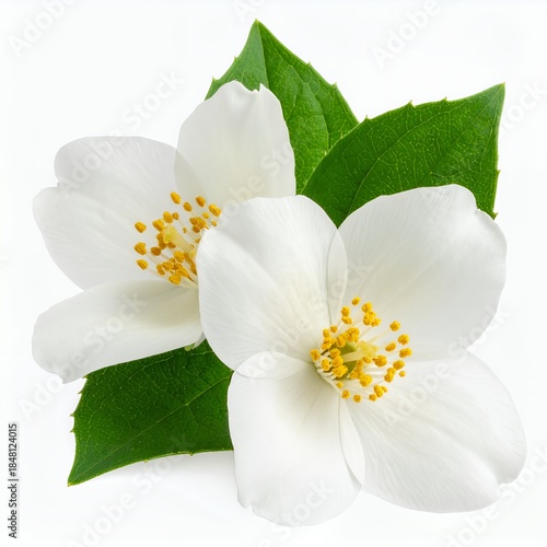 Delicate jasmine blossoms with vibrant green leaves on a pristine white background