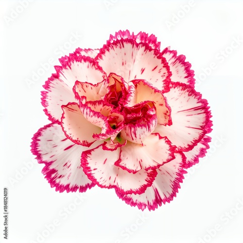 Isolated pink carnation bloom on white backdrop offering soft floral aesthetic