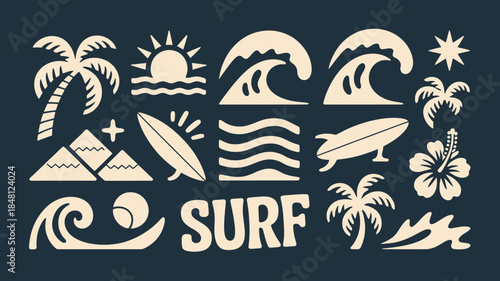 Surfing Icons and Symbols for Summer and Beach Activities
