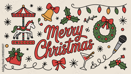 Merry Christmas festive illustration with holiday decorations and icons