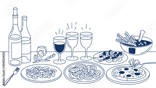 Italian Food and Wine Illustration with Various Dishes and Drinks