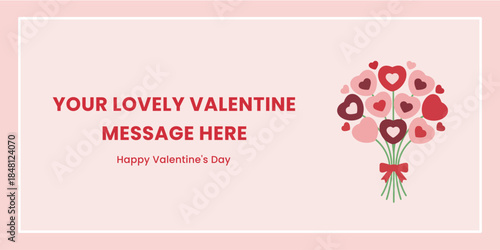 Valentine banner with romantic bouquet of heart shaped flowers