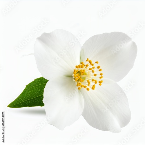 Delicate jasmine blossom featuring a pristine white corolla presented on white backdrop