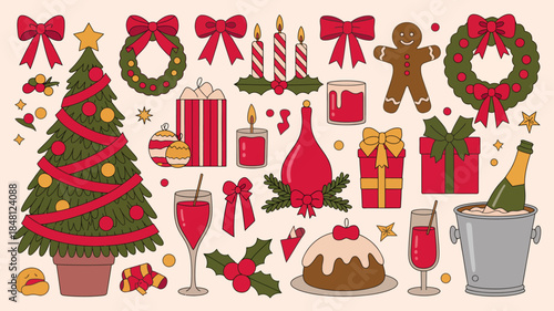 Christmas icons and symbols, festive holiday elements