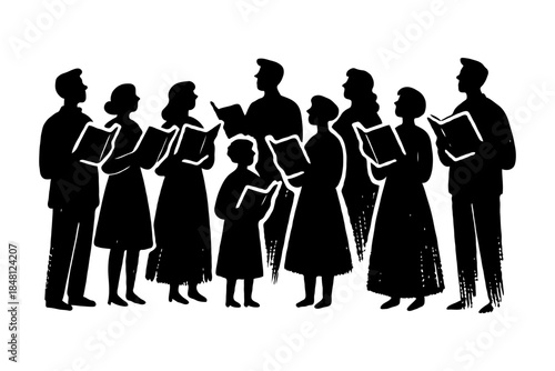 Silhouettes of men, women, and children singing in a choir group, hand-drawn style, isolated on white, concept of music and harmony