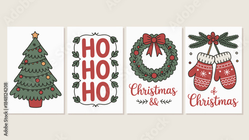 Christmas Card Illustrations with Tree, Wreath, and Mittens