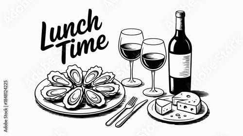 Lunch Time Illustration with Oysters, Wine, and Cheese
