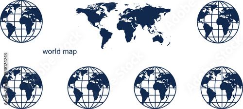 Vector Illustration of a World Map with Multiple Globe Icons and Latitude Longitude Grid Lines Isolated on White Background