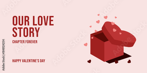 Our Love Story banner with open heart shaped gift box