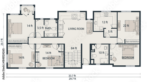 Detailed floor plan showcasing a spacious home layout with multiple bedrooms and living areas