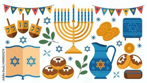 Hanukkah celebration symbols and objects, Jewish holiday traditions and customs