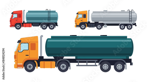 Illustration of various tank trucks in different colors and perspectives