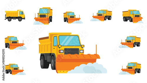 Colorful cartoon illustrations of yellow dump trucks equipped with snow plows