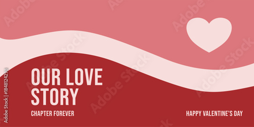 Our Love Story banner with wavy red and pink background