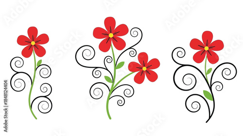 Simple illustration of red flowers with swirling stems and leaves