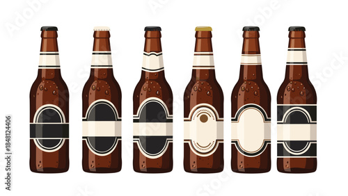 Collection of six illustrated brown beer bottles with various label designs, showcasing different branding options and styles.