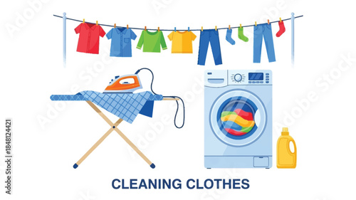 Cartoon illustration of laundry day with clothesline iron and washing machine