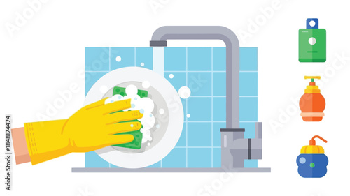 A hand washing a white plate with a sponge near kitchen sink items