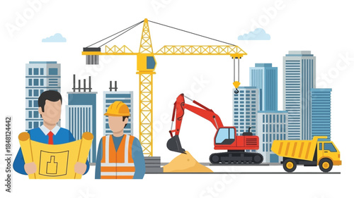 Construction site with crane workers and heavy machinery in a city