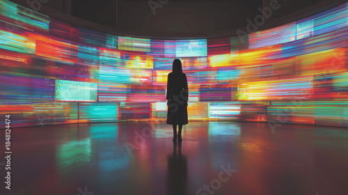 person standing still in front of blurry colorful neon light trails in city