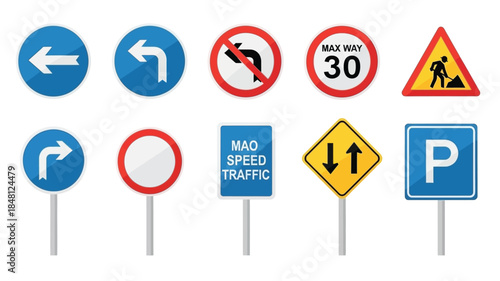 Collection of various road signs and traffic control symbols displayed together