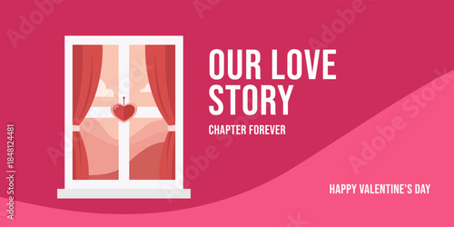 Romantic window view banner with heart curtain decoration