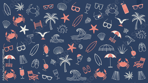 Beach Summer Icons Pattern, Nautical Symbols and Objects