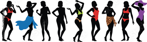 Vector Silhouettes of Diverse Women Wearing Colorful Bikinis and Summer Beach Outfits in Fashion Poses Isolated on Clean White Background