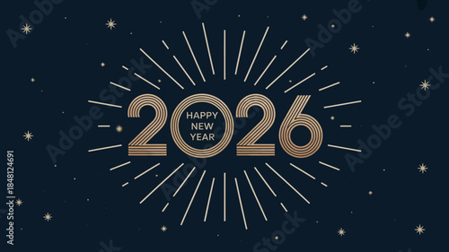 Happy New Year 2026 Celebration Background with Golden Text and Starry Night Sky