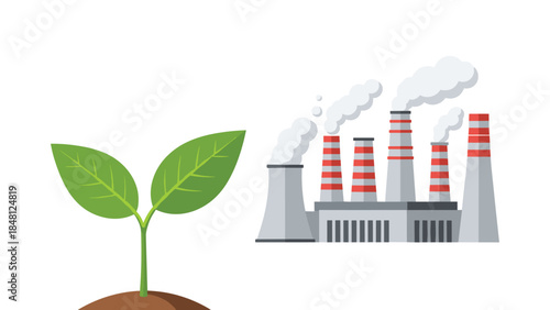 A young plant stands in contrast to a polluting factory, illustrating environmental concerns and the impact of industry on nature.