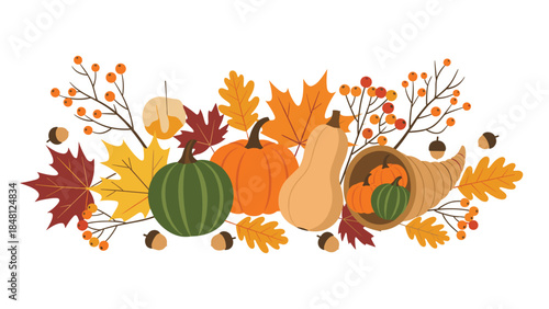 Festive autumn arrangement features pumpkins, gourds, colorful leaves, and a cornucopia overflowing with harvest bounty.