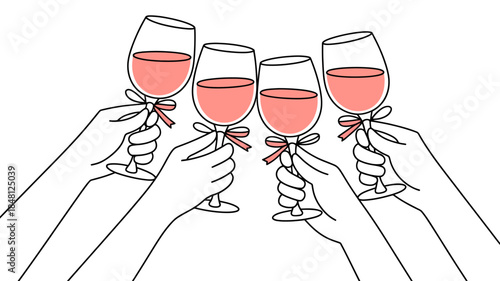 Four Hands Holding Wine Glasses with Ribbons in a Toast
