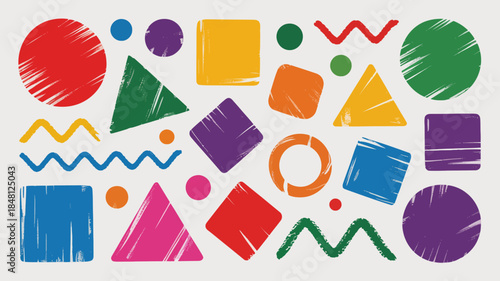 Colorful Geometric Shapes with Brush Strokes on White Background